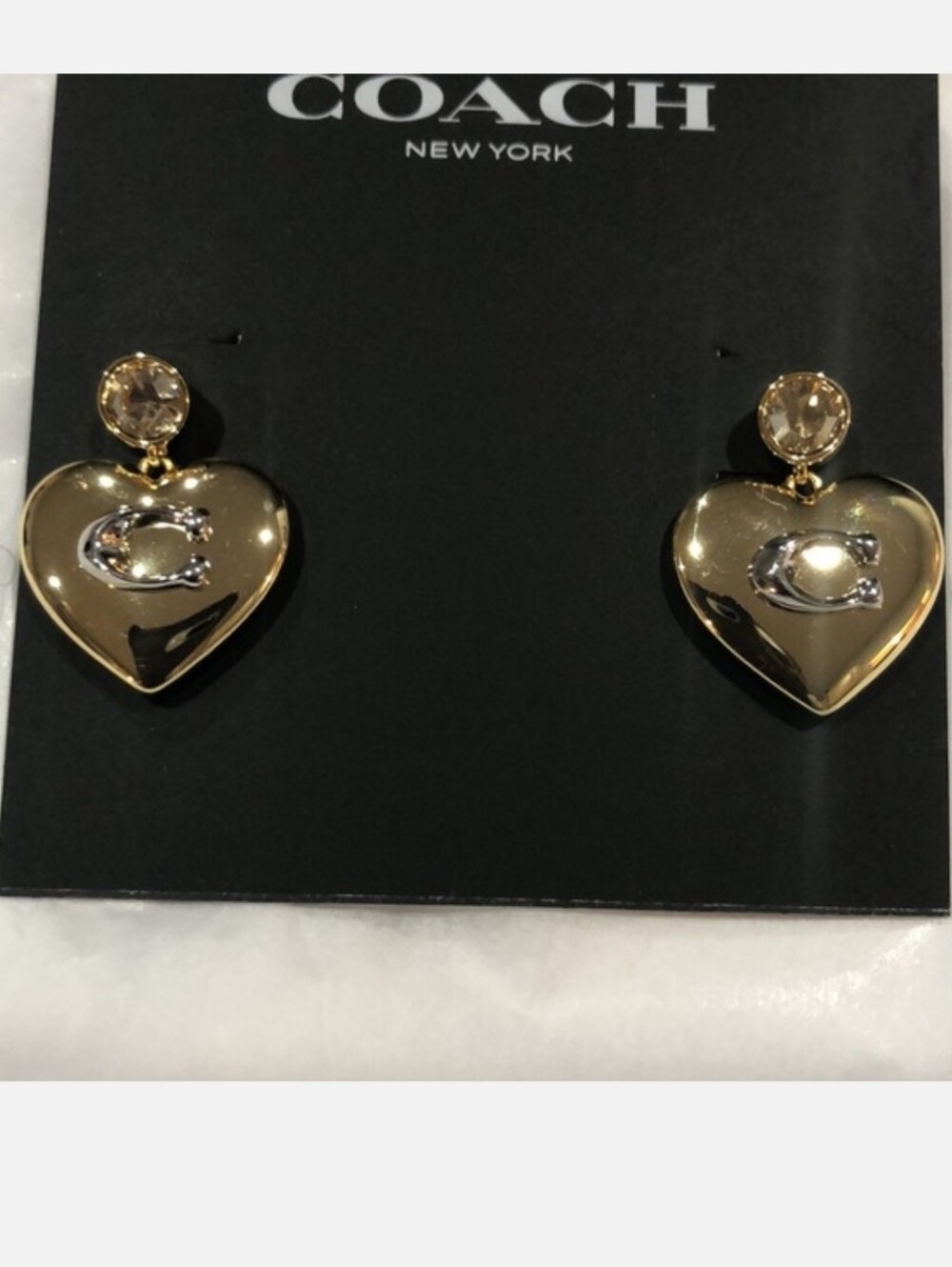 Coach gold plated puffy heart shape citrine gemstone look dangling stud earrings